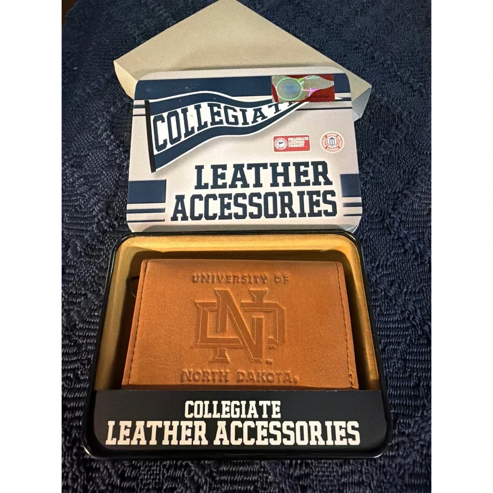 University of North Dakota Leather Trifold Wallet UND Fighting Hawks Tan Tin
